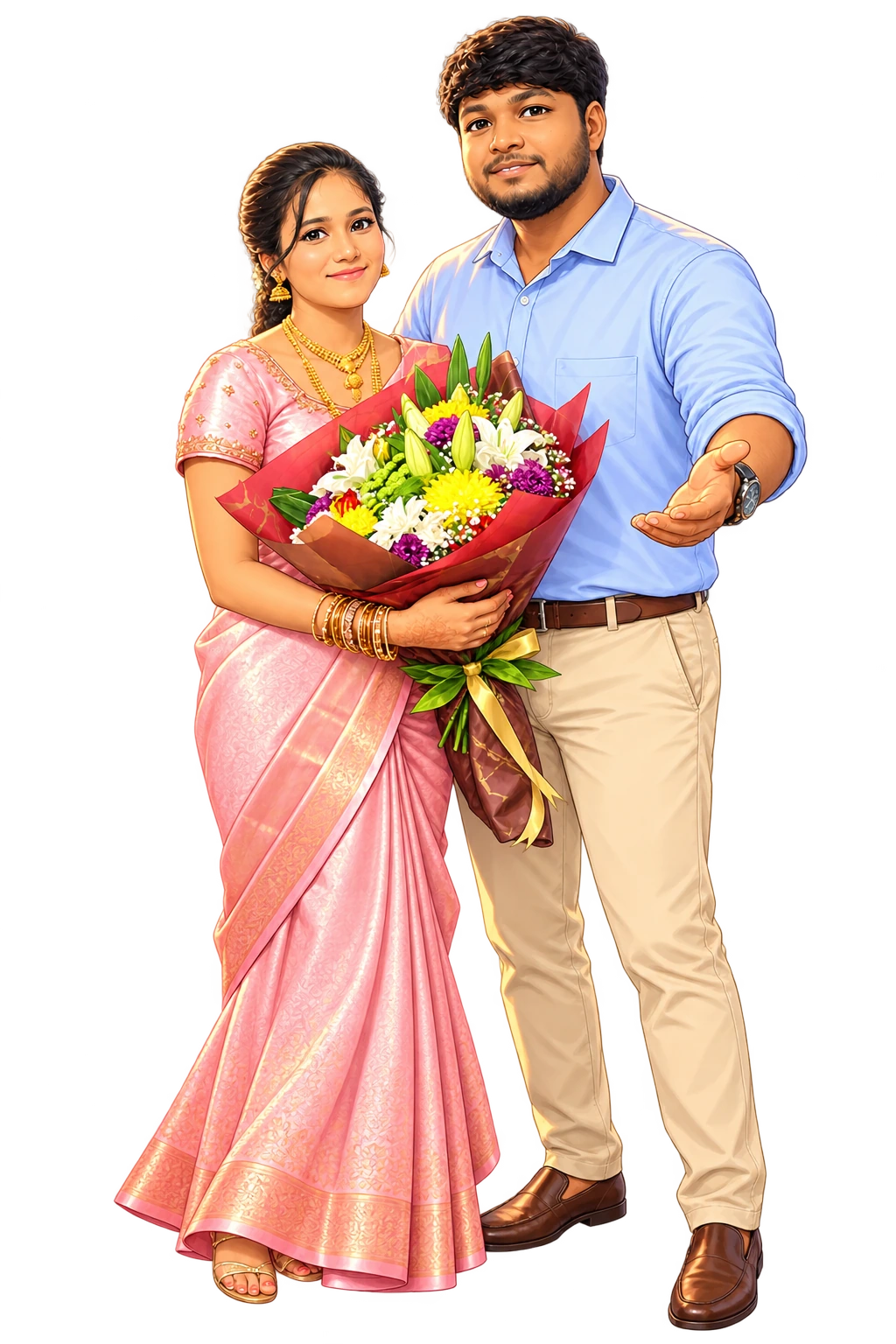 Anime characters based on Ragulbabu and Lydiya, welcoming you with their bouquet