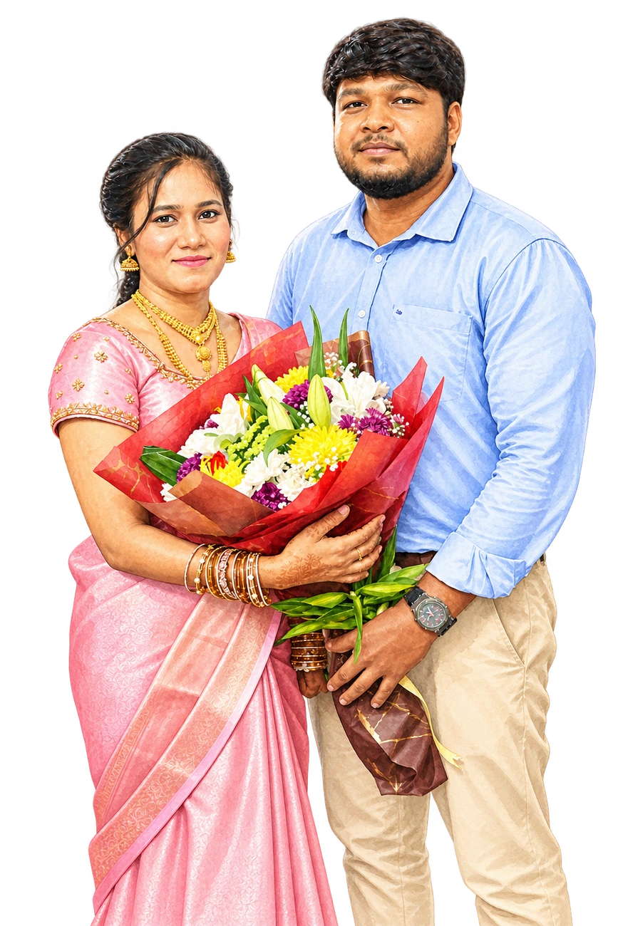 A watercolor illustration of Ragulbabu and Lydiya holding their bouquet