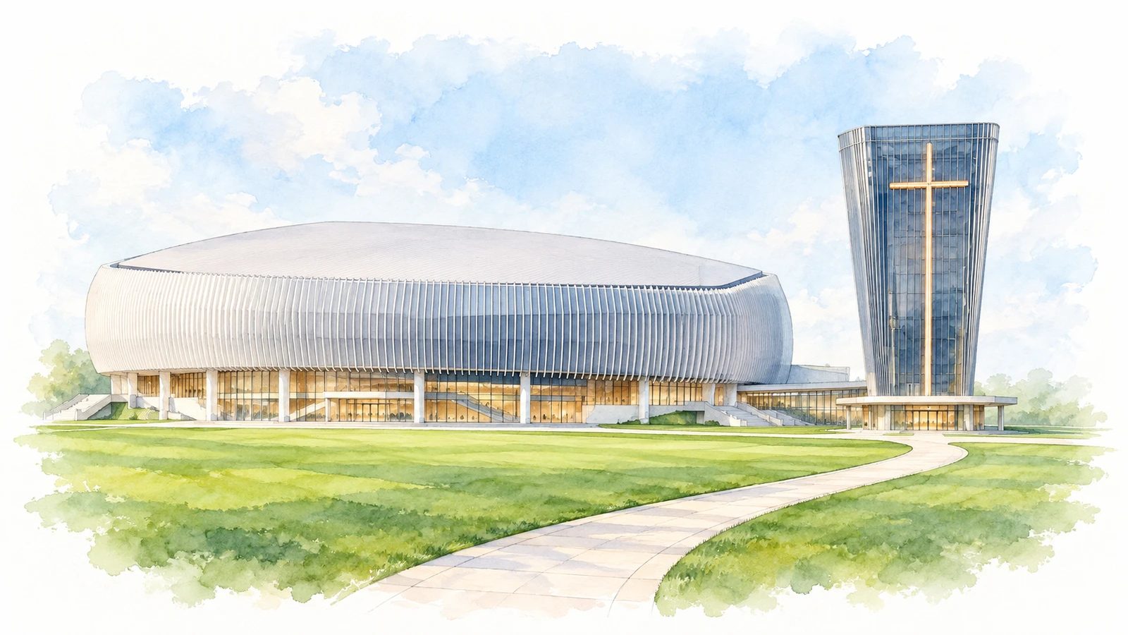 Watercolor illustration of the New Life arena and glass church, surrounded by a green lawn and a pathway